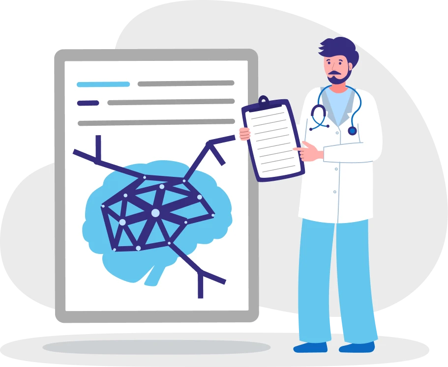 Behavioral health provider reviewing a patient chart with a brain network illustration, representing behavioral health billing services