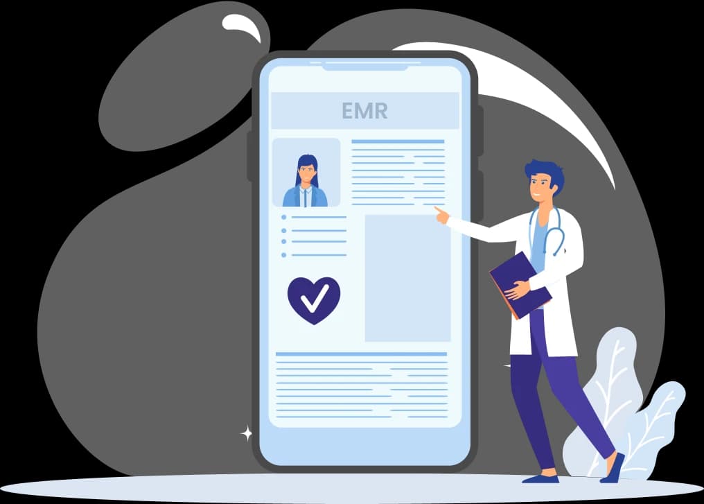 Doctor pointing to a mobile EMR record for a behavioral health patient
