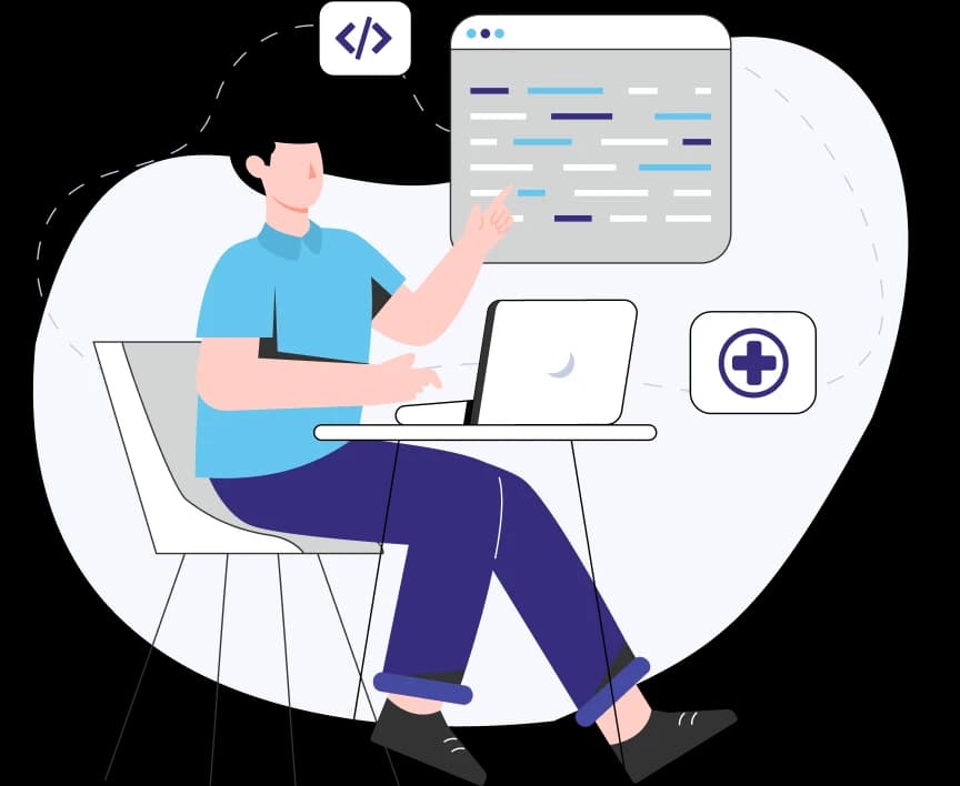 Illustration of a coder working on a laptop with a code editor and medical cross icon