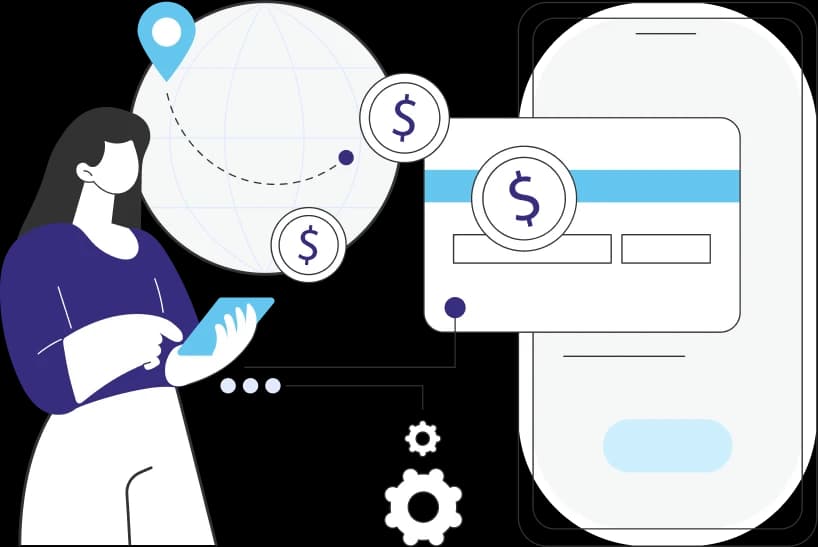 Illustration of a patient reviewing a payment on a mobile device next to a credit card and global payment icons