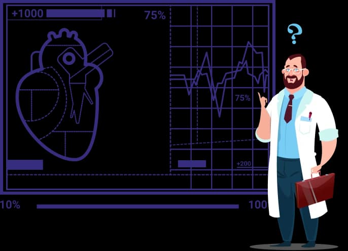 Heart-shaped performance dashboard next to a doctor holding a briefcase, wondering about outsourcing