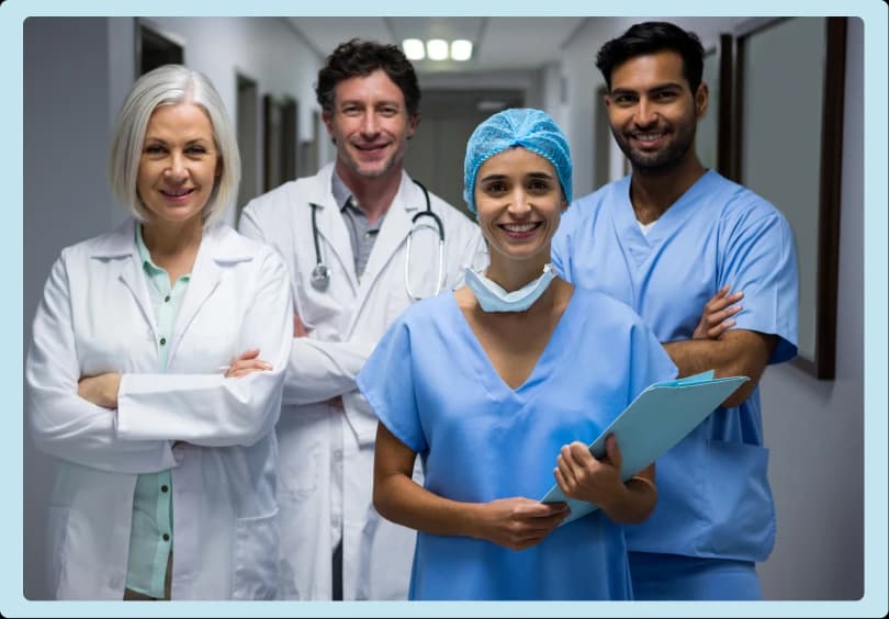 A team of four cardiology billing specialists standing in a hospital hallway