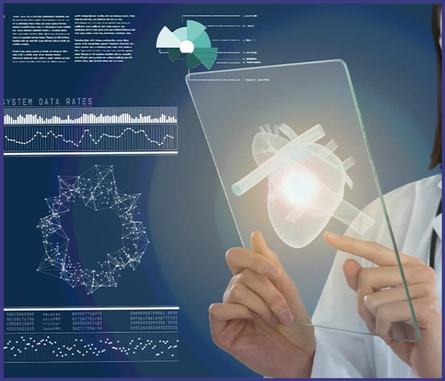 Doctor viewing a digital heart scan on a transparent tablet with cardiology data overlays