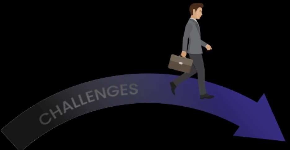 Businessman walking a briefcase along a downward arrow labeled Challenges