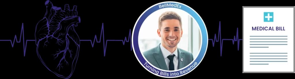 Anatomical heart, a HealthcareRCM billing specialist, and a medical bill connected by a heartbeat line