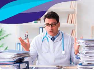 Doctor overwhelmed by paperwork at a desk