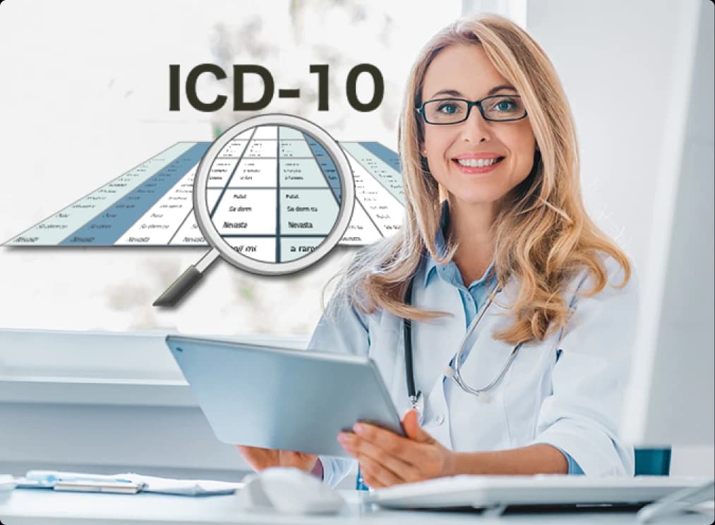 Physician holding a tablet with an ICD-10 code lookup graphic