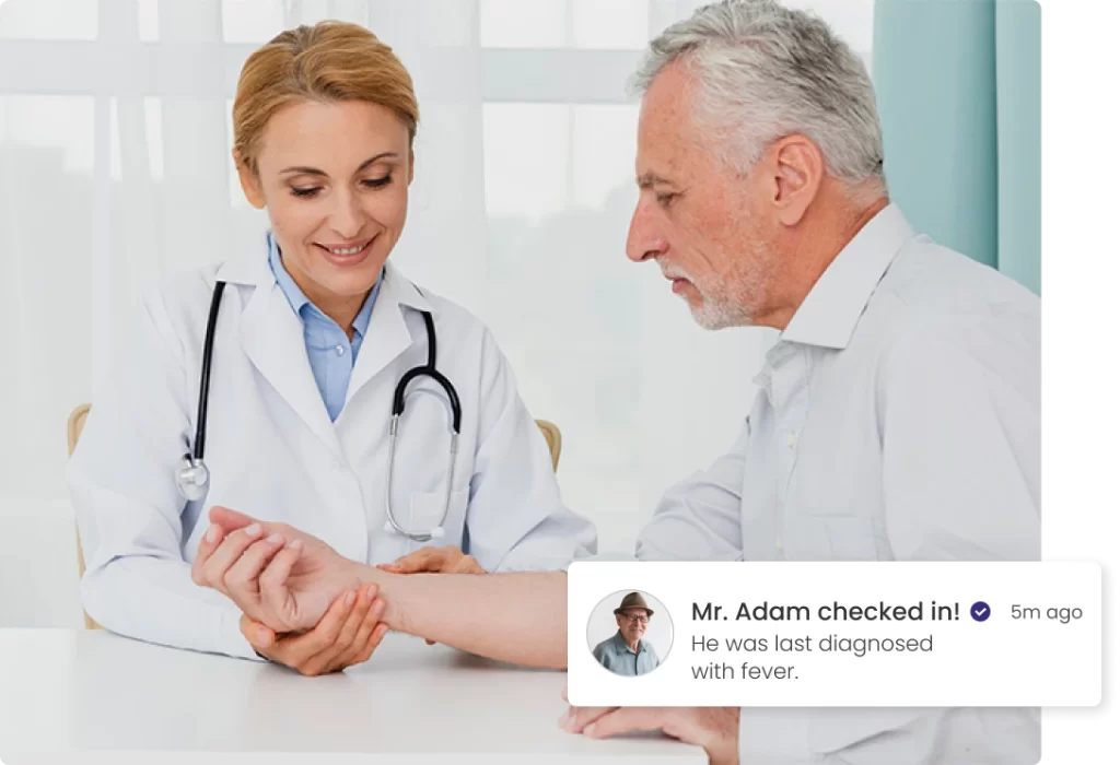 Physician checking a patient's pulse with a check-in notification overlay