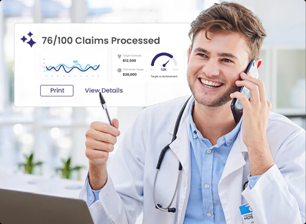 Physician on a phone call with a claims-processed summary overlay
