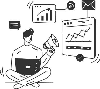 Illustration of a person managing online advertising campaigns from a laptop