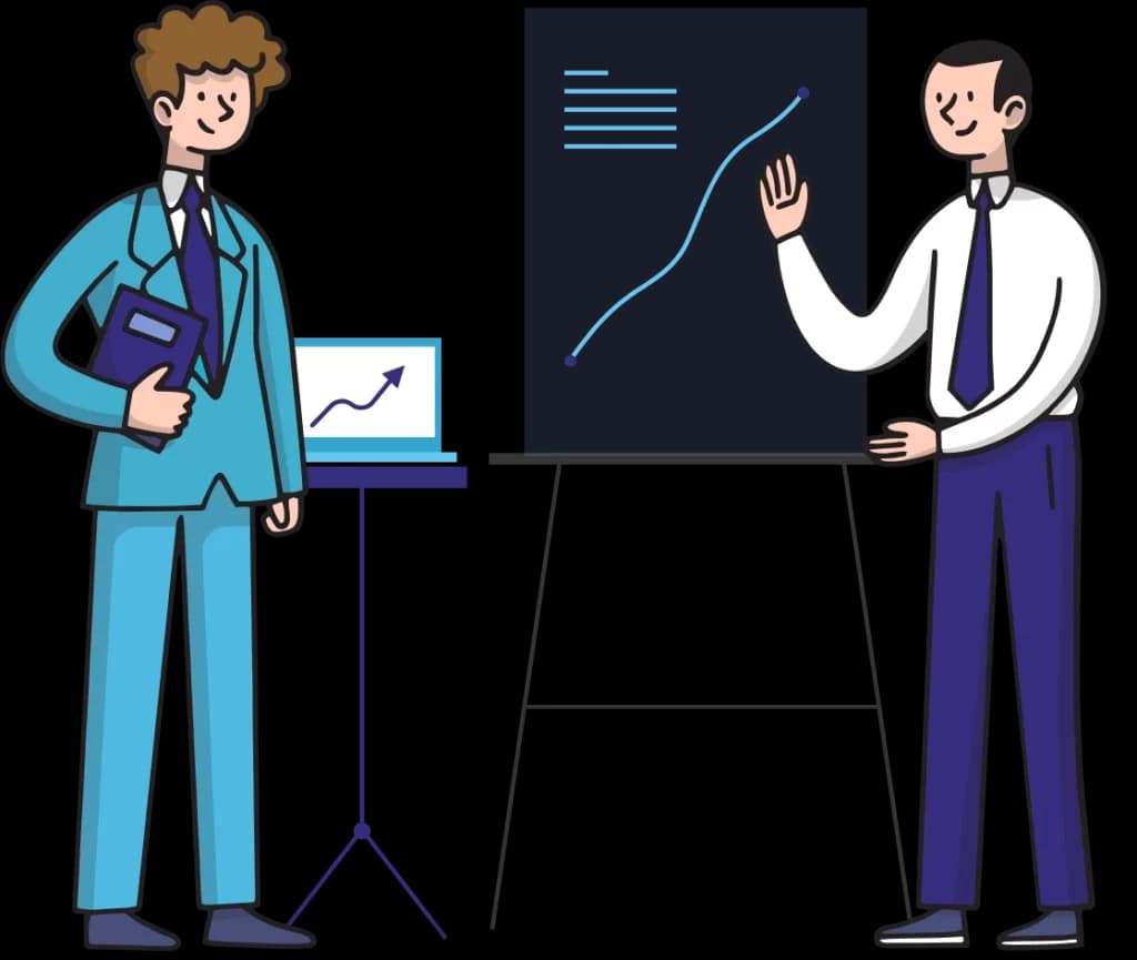 Two marketers presenting a growth chart
