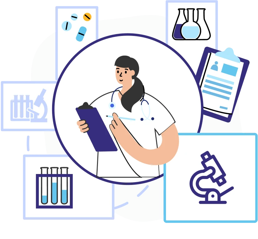 Pathologist reviewing lab results, surrounded by icons for medication, flasks, specimen tubes, and a microscope