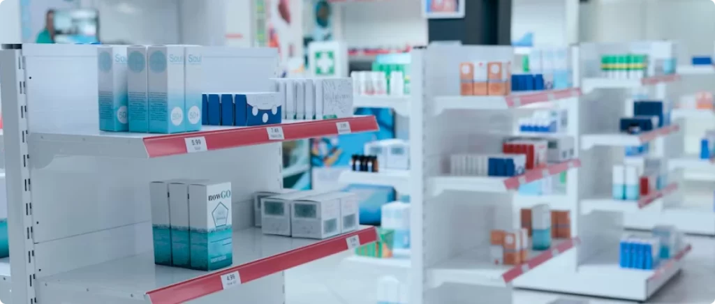 Shelves of medical supplies inside a sports medicine center