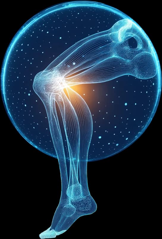 Illuminated x-ray graphic of a knee joint inside a starfield sphere