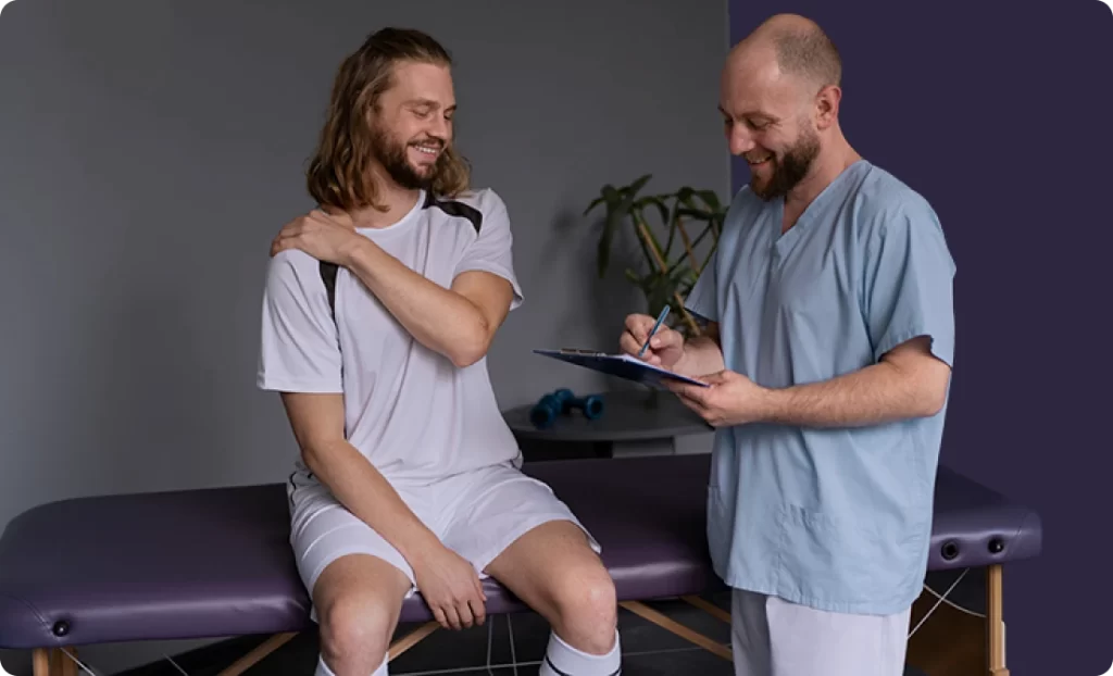 Sports medicine physician reviewing an athlete's treatment notes