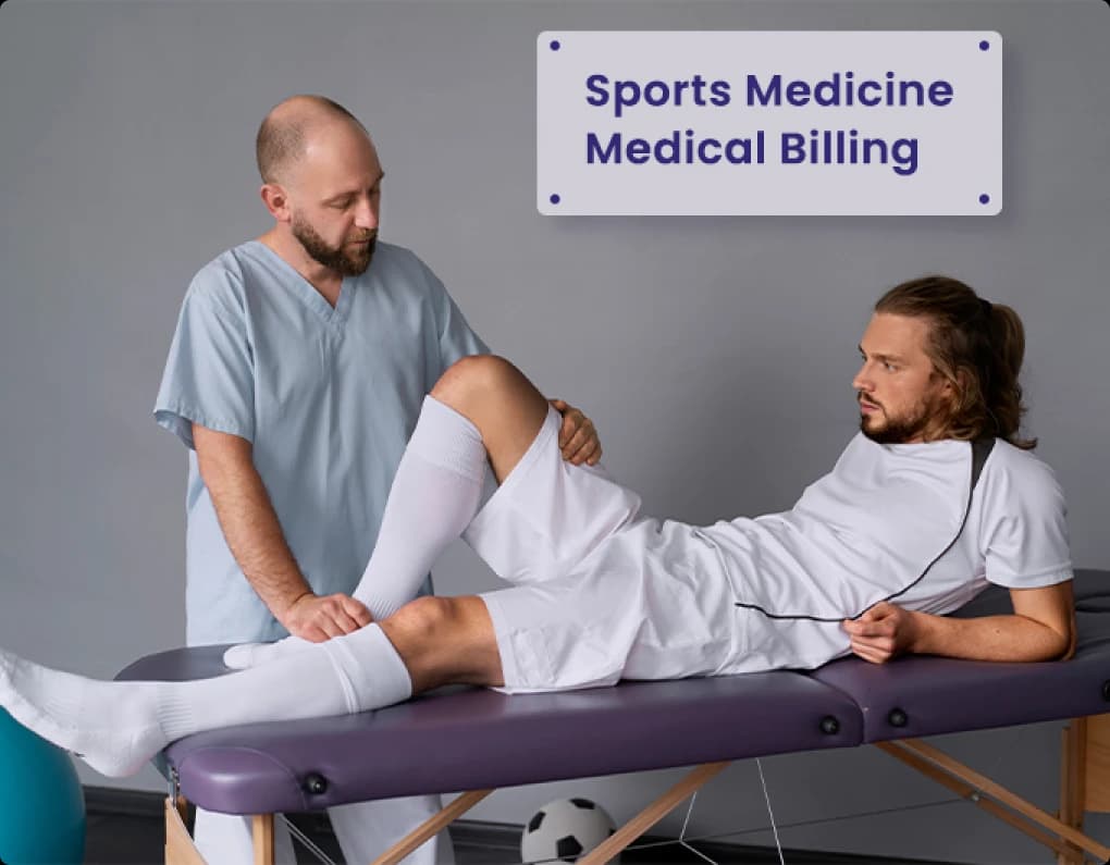Sports medicine physician examining an athlete's knee, labeled Sports Medicine Medical Billing