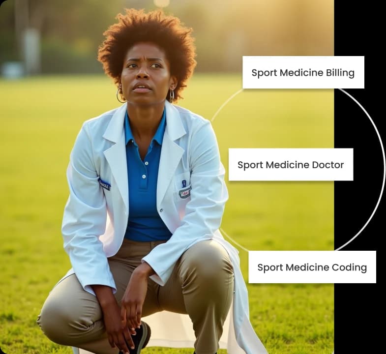 Sports medicine doctor kneeling on a field, labeled Sport Medicine Billing, Sport Medicine Doctor, Sport Medicine Coding