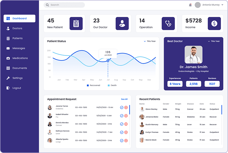 Billing dashboard showing patient status, appointments, and income