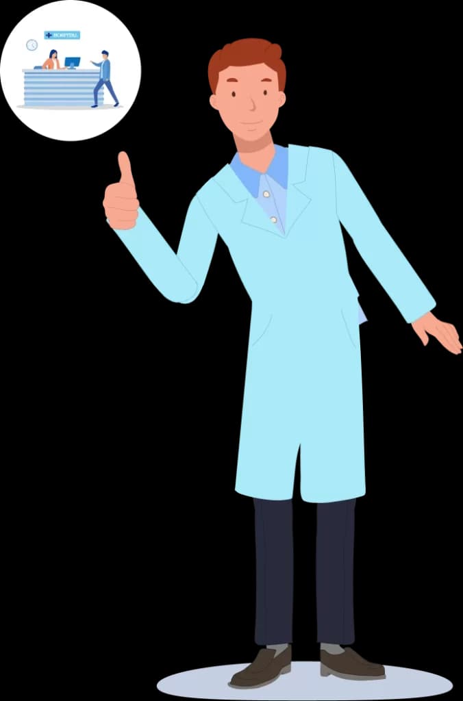 Doctor giving a thumbs up, with a hospital front-desk registration scene