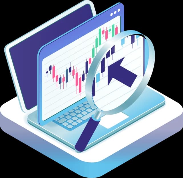 Coding audit dashboard with a magnifying glass over financial charts