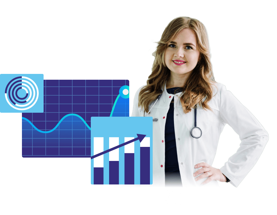 Coding analytics charts alongside a smiling physician