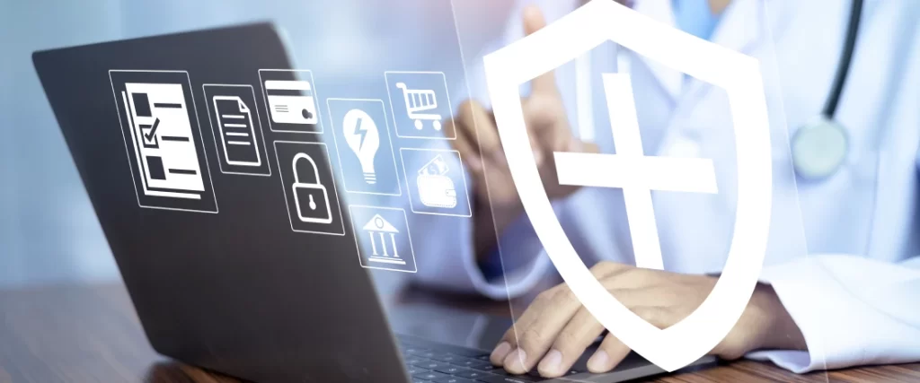 Provider using a laptop with secure EDI data transfer icons