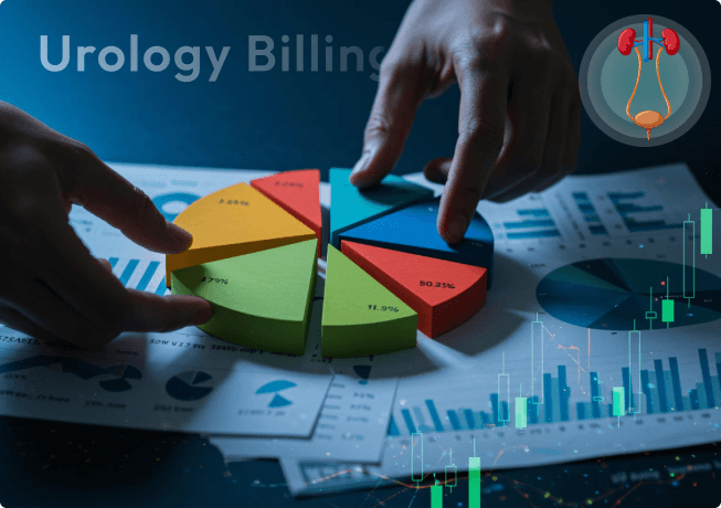 Urology billing pie chart with financial reports and a kidney icon