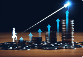 Coin stacks with an upward arrow representing revenue growth