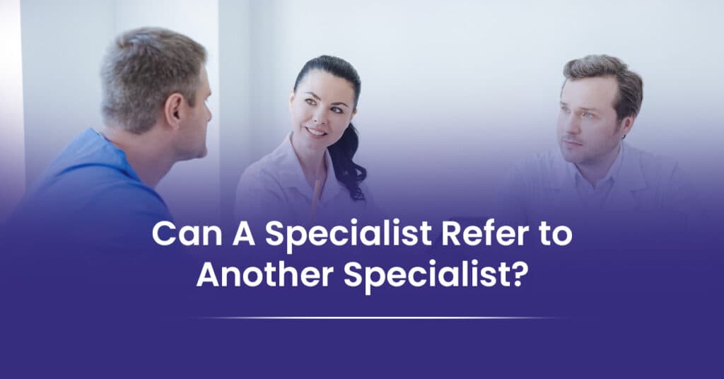 Three clinicians conferring about a patient referral